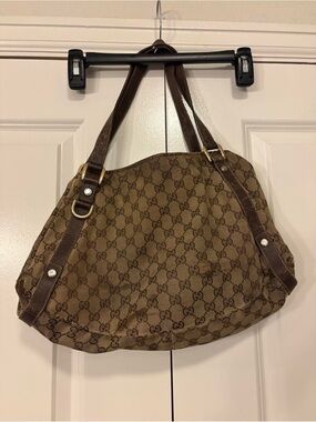 Gucci Brown Monogram Canvas Shoulder Tote with Dark Brown Leather Trim